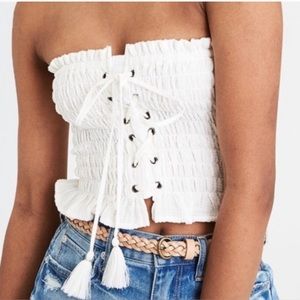 American Eagle Outfitters White Cropped and Smocked Corset Bandeau Top. M